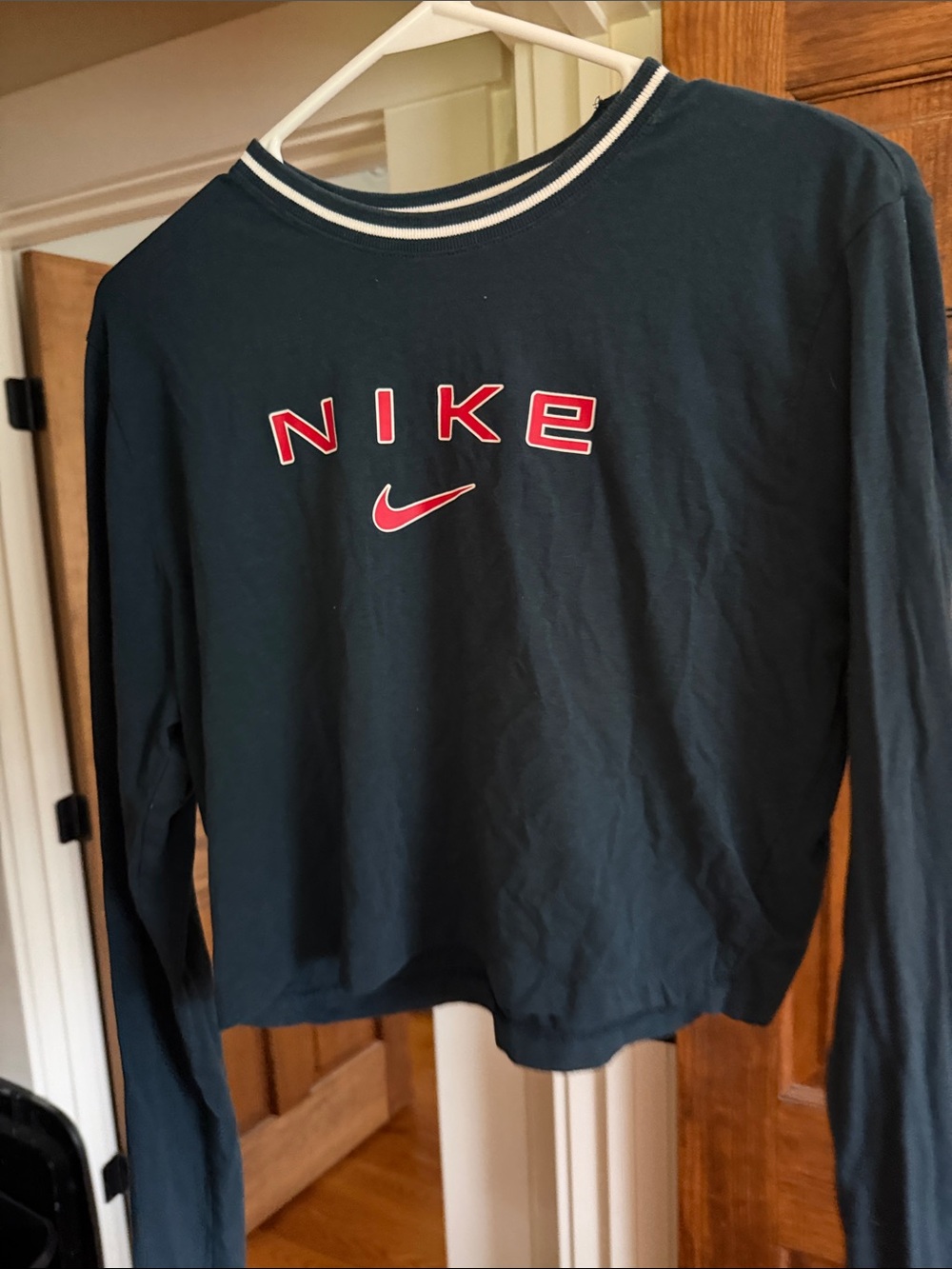 Nike Long Sleeve Tee in Dark Green with Red Logo